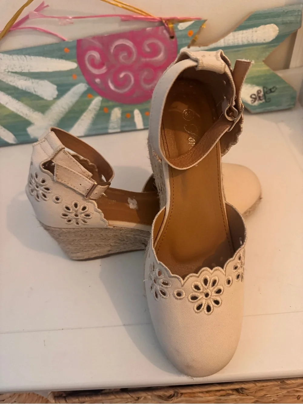 Forever 21 Cream Floral Cutout Espadrille Wedge